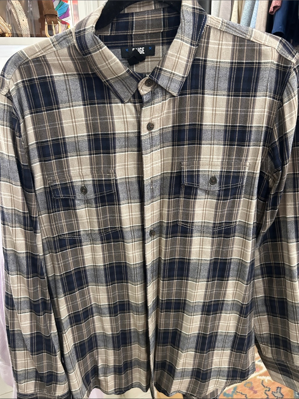 PAIGE Men's Navy and Tan Plaid Button-Down Shirt